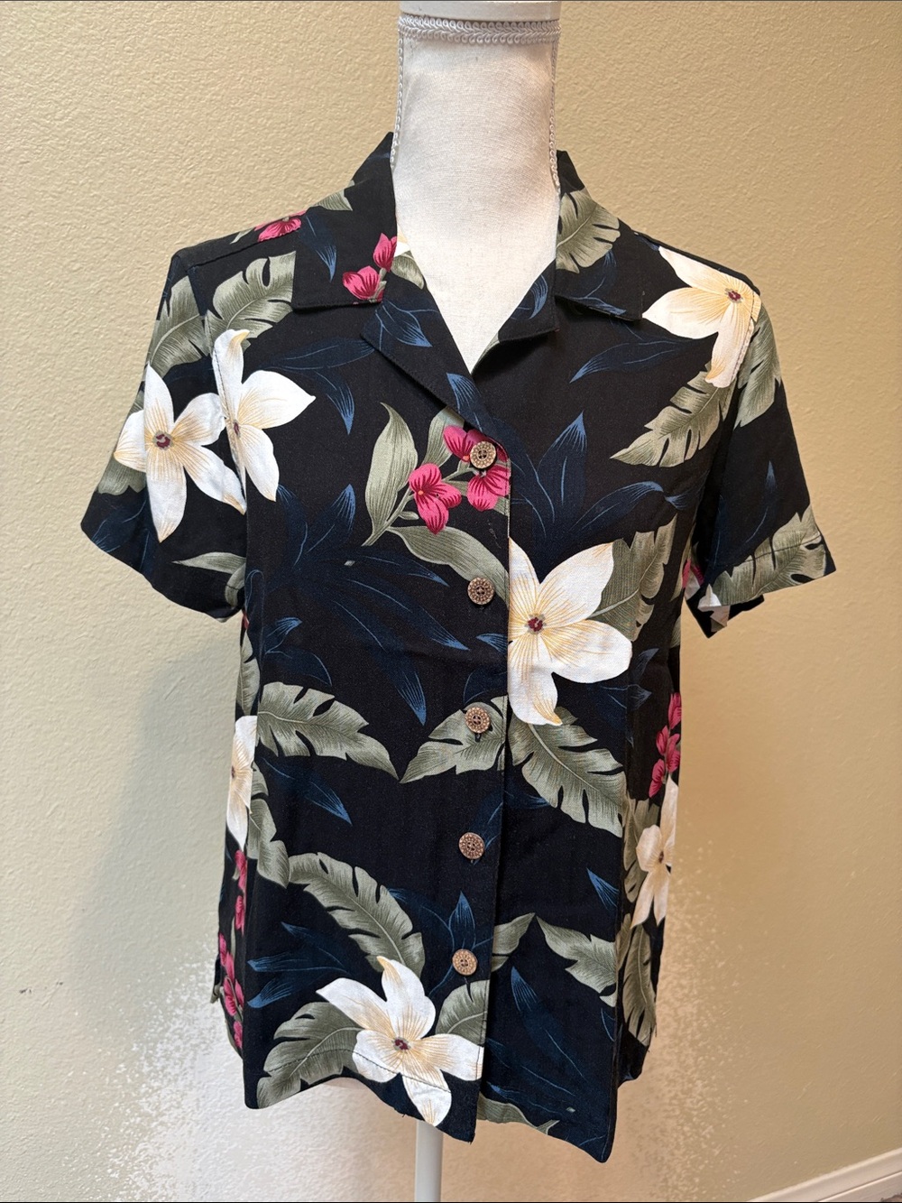 Caribbean Joe Black Floral Button-Down Shirt, Size PS